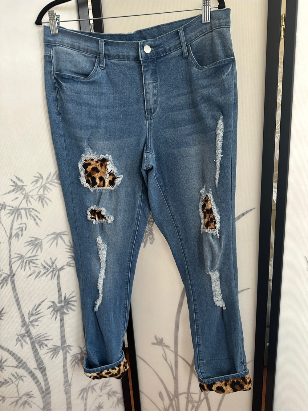 VENUS Blue Distressed Boyfriend Jeans with Leopard Trim